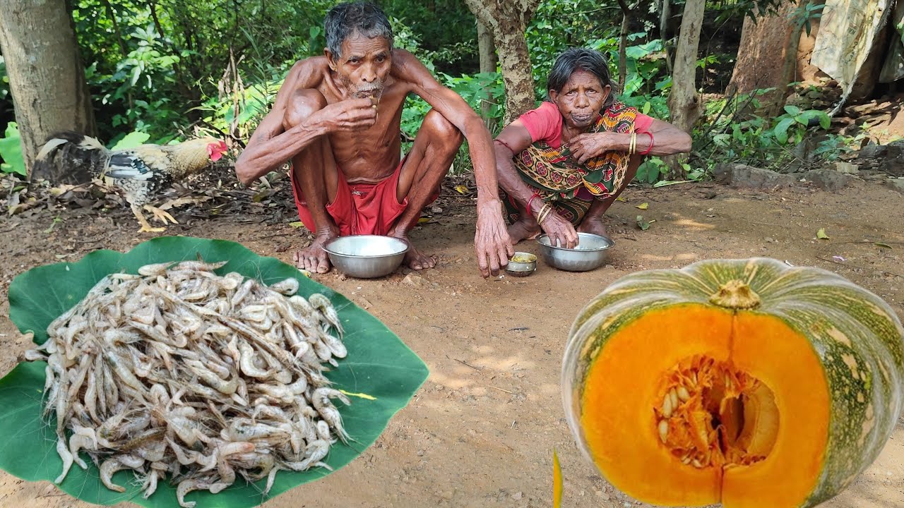 tribe 100years old grandma cooking SHRIMP FISH with PUMPKIN and eating || old rural tribe lifestyle 