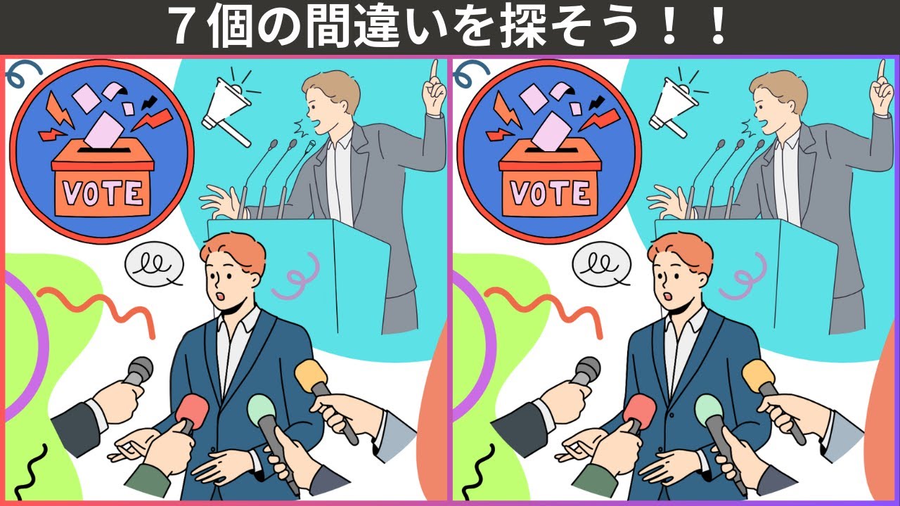 【大人の間違い探し】楽しく始める高齢者向け脳トレクイズ。頭の体操・認知症予防・記憶力アップにつながる間違い探し。政治家🎤編【777を目指せ】　＃23