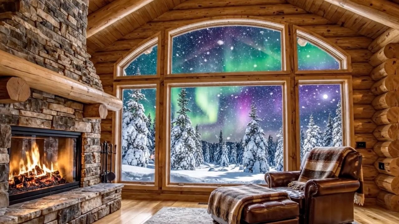 Winter Night in a Glass Cabin ❄️ Aurora Borealis & Snowfall Ambience | 4K TV Art