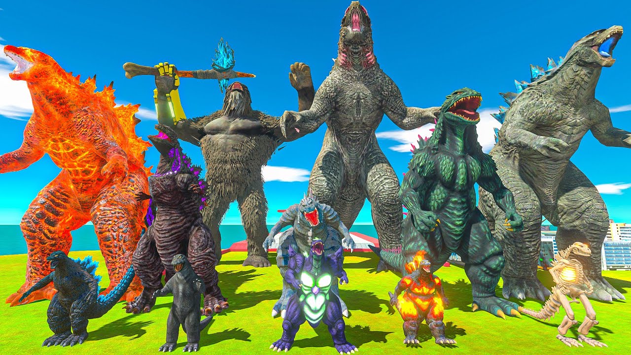 Team Evolved Godzilla and Kong vs Team Mechagodzilla and Skar King - Animal Revolt Battle Simulator