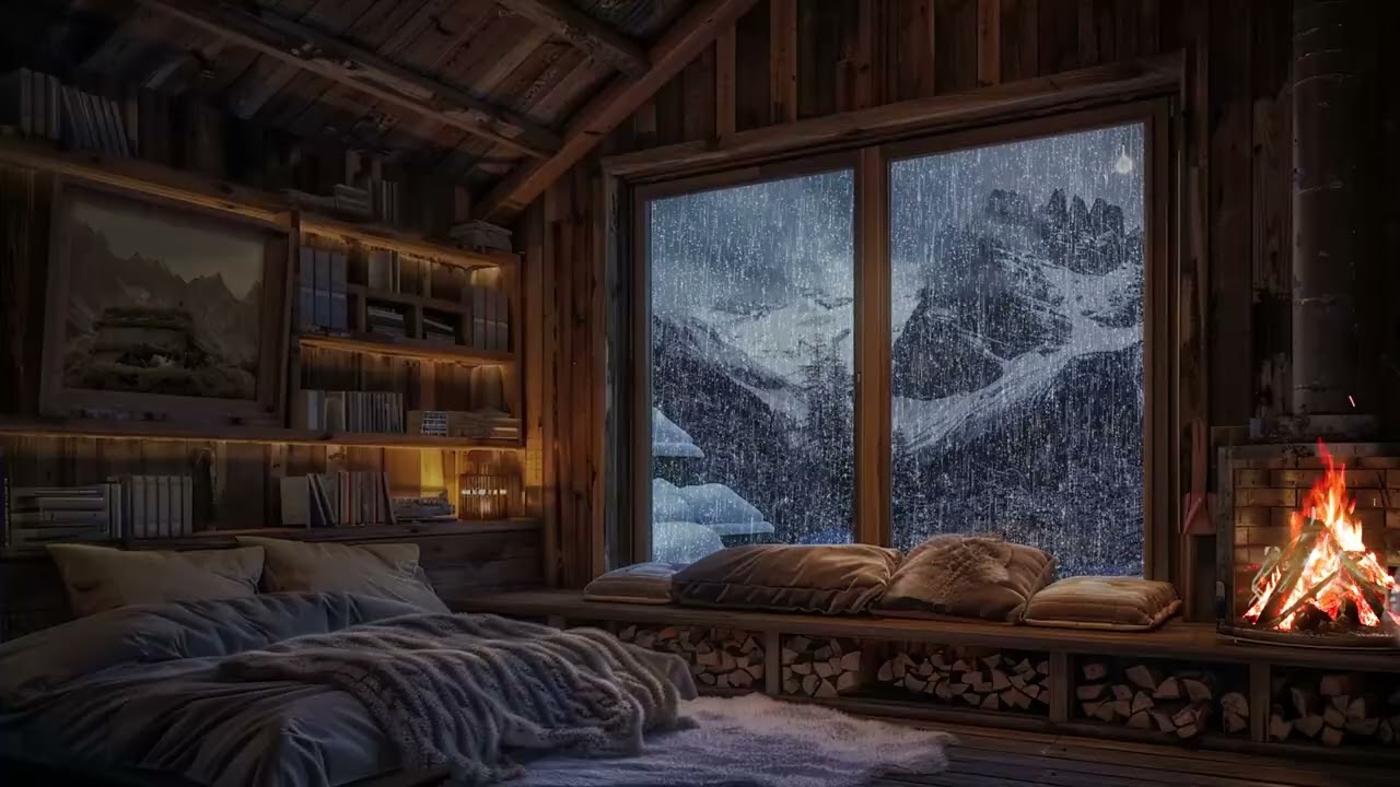 📖 Rainy Night in a Mountain Library Cabin | Fireplace, Rain & Snow Ambience for Study or Sleep