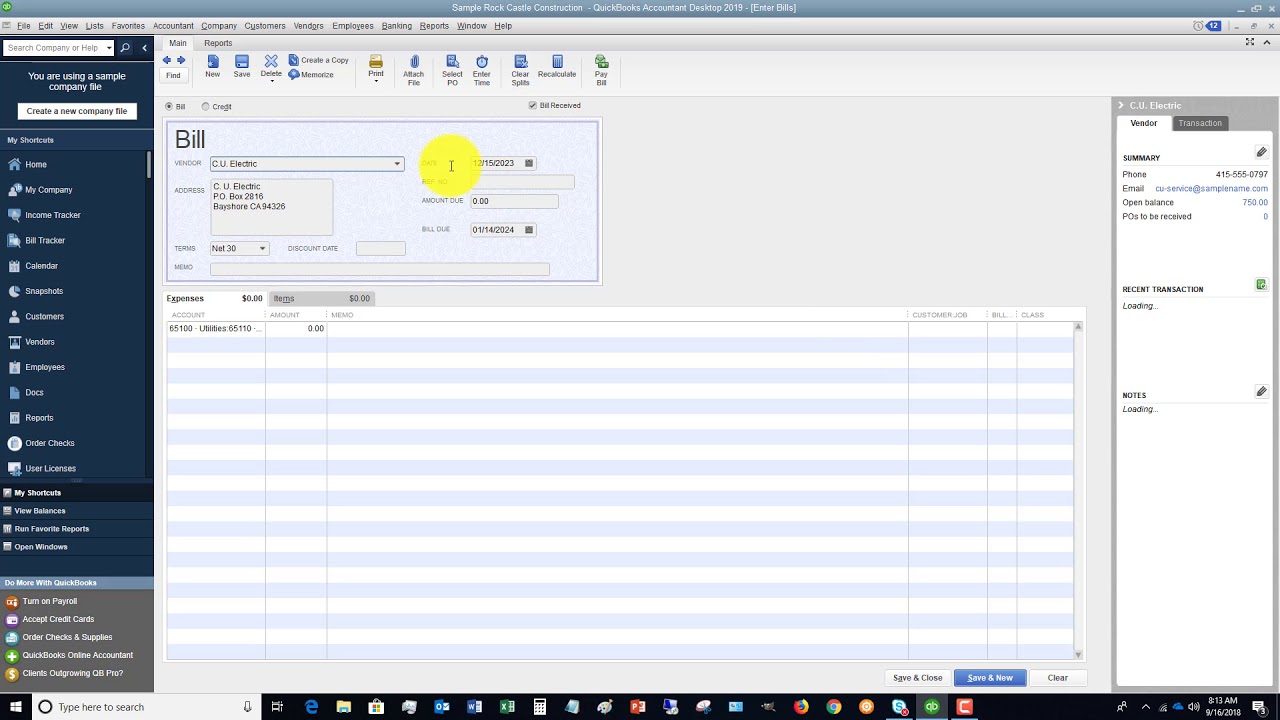 Quickbooks 2019 Tutorial - How to Enter a Bill the Right Way