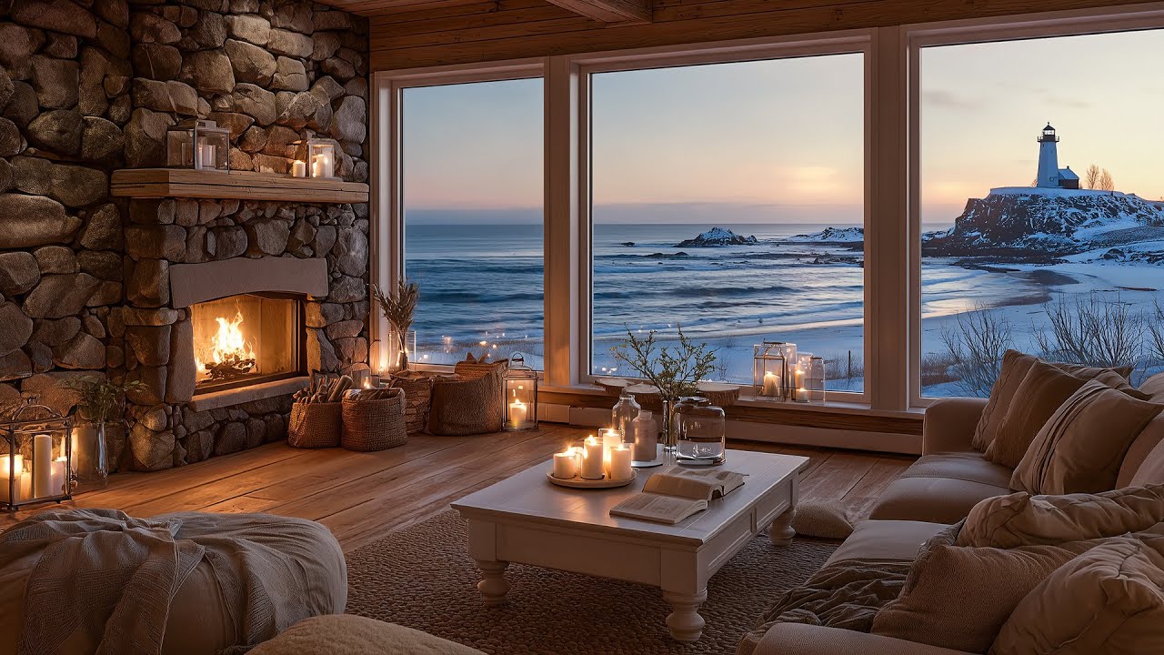 Cozy Winter Seaside Cabin | Fireplace Glow & Ocean Waves by the Lighthouse for Sleep