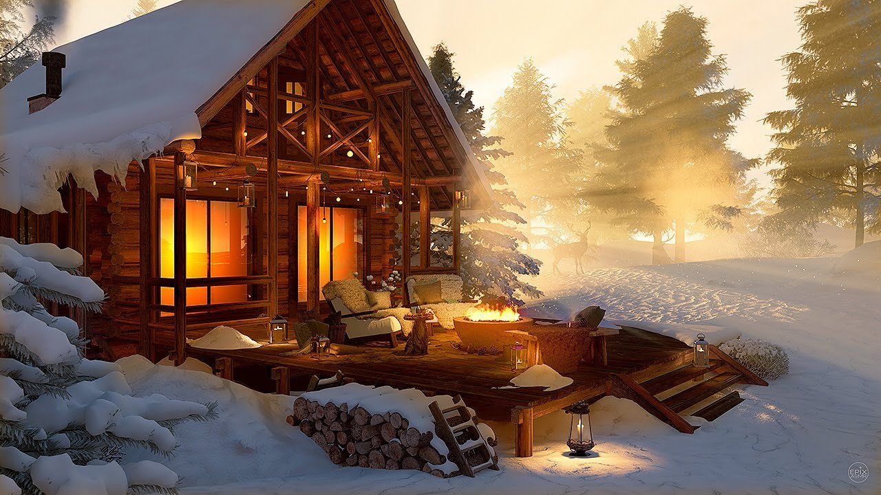 Watch the Deer while sitting by the Fireplace 🦌 Winter Cabin Ambience ❄️ Immersive 4K