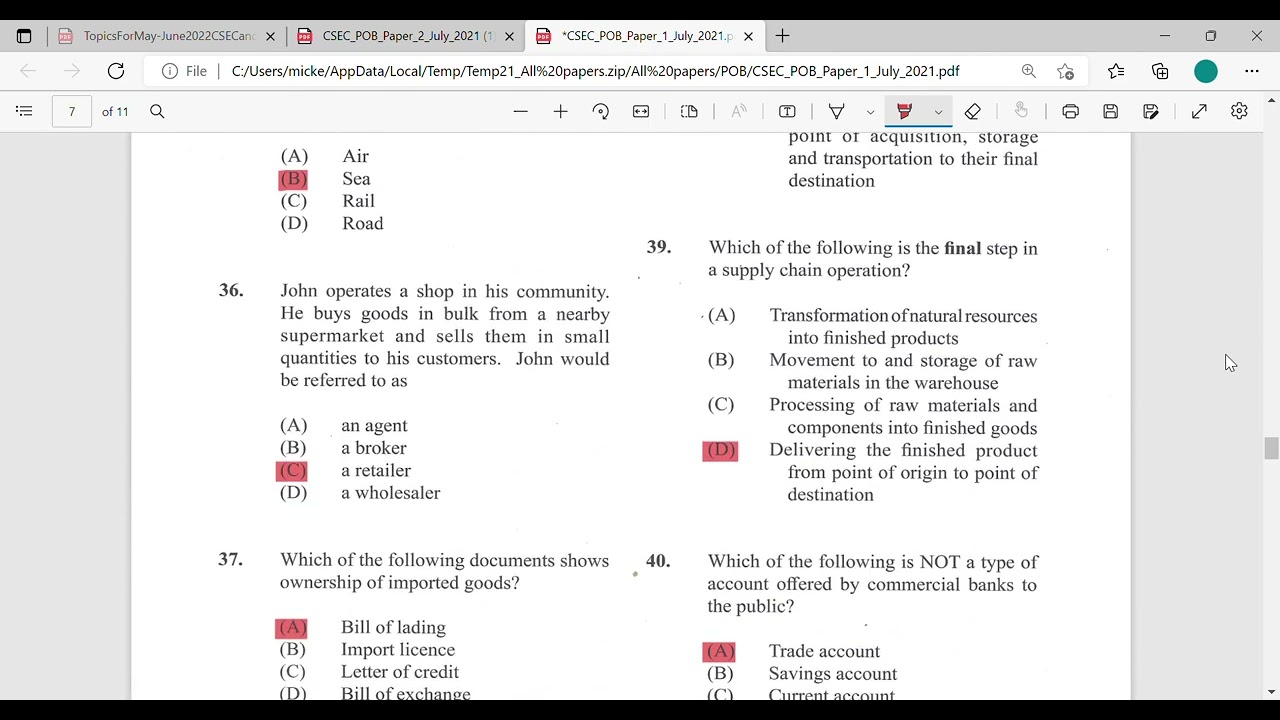 CSEC PRINCIPLE OF BUSINESS MAY/JUNE 2021 PAPER 1 SOLUTIONS