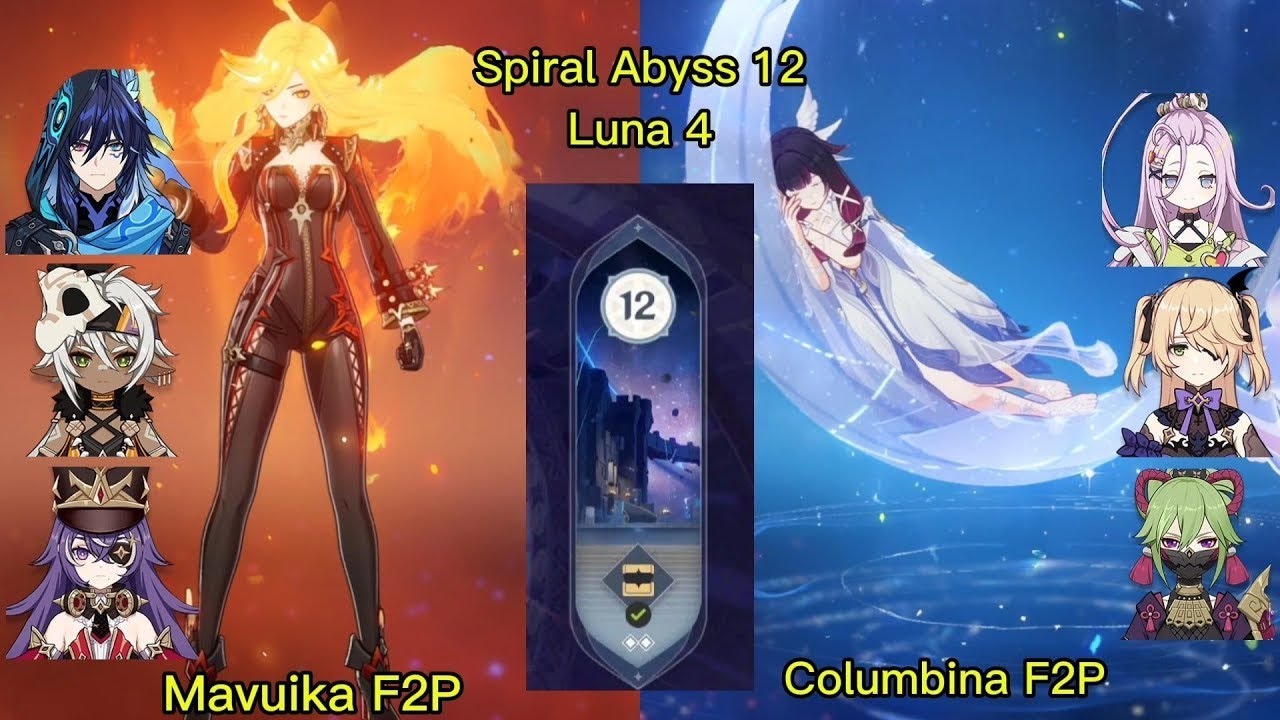 Genshin impact Abyss Luna 4| C0 Mavuika F2P & C0 columbina F2P | Floor 12 9 stars