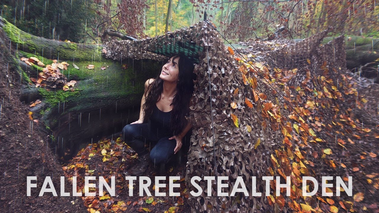 Sleeping in Den Built Against Fallen Tree 🍂 Rainy Stealth Camping in Autumn