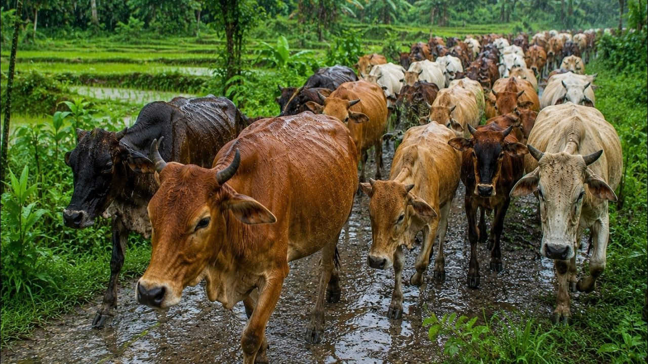 Village Cows Crossing the Rice Field Road During Heavy Rain | Rural Scenery