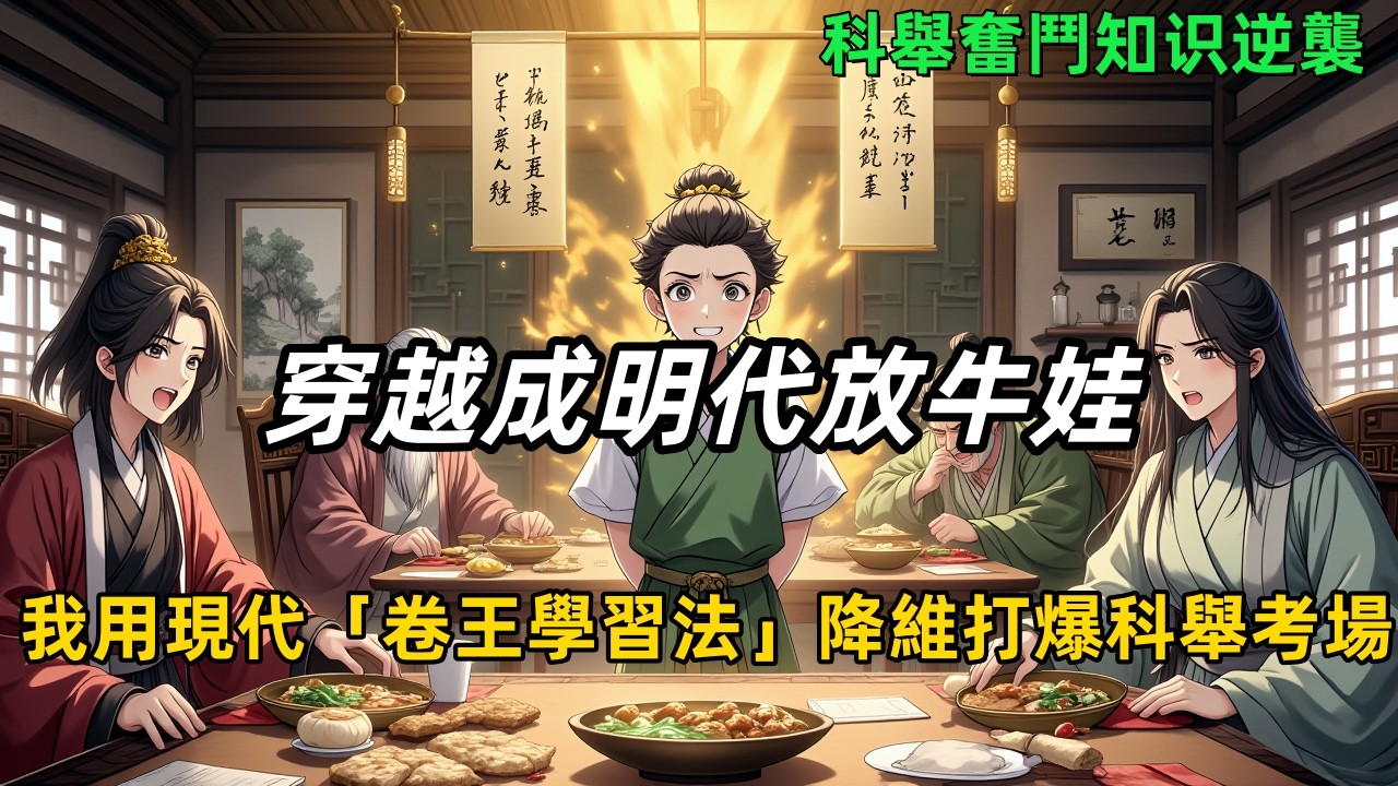《穿越成明代放牛娃，我用現代「卷王學習法」降維打爆科舉考場》穿成明代放牛娃，讀書名額給了肥堂哥。祖父考幾十年仍是童生，大伯考十幾年府試不過。我默默用現代學習法，三天背完《三字經》，全家傻眼。