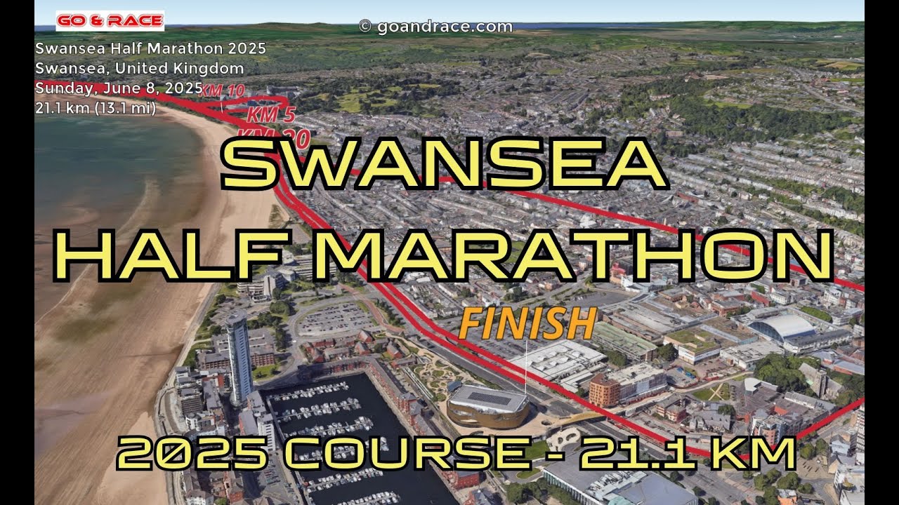 Swansea Half Marathon 2025: fly over the half-marathon course! Video of the race path.