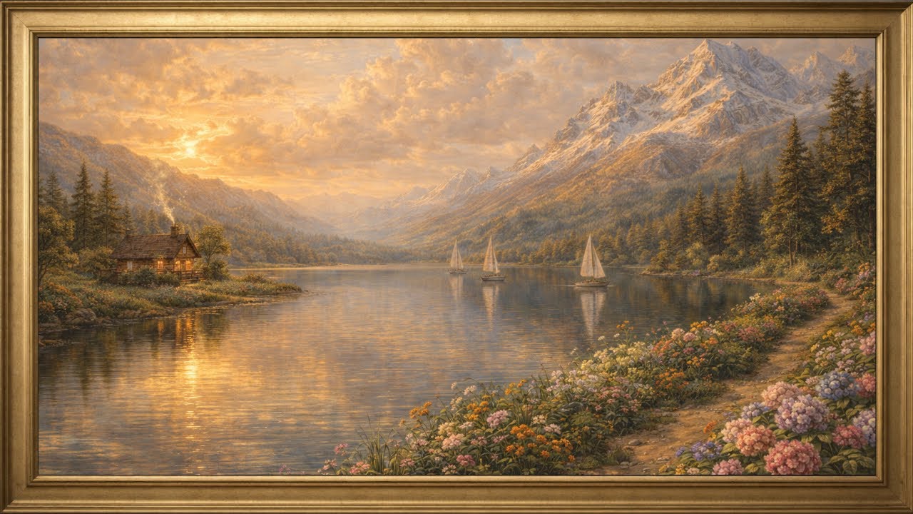 Cozy Lakefront Cottage TV Art: 3 Hours of Peaceful Mountains & Sailboats | Vintage Oil Painting