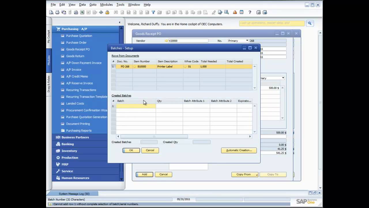 Demonstration of the Purchasing Processes in SAP Business One 8.8