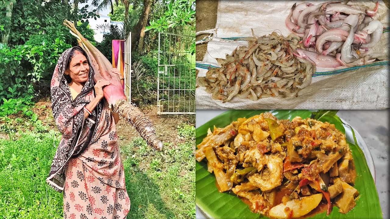 বড়ো শোলাকচু গাছ চিংড়ির দিয়ে রান্না, কচু আলু বেগুন দিয়ে লোটে মাছের রান্না করলাম I @OurLifeLiving