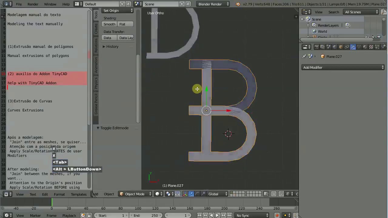 Blender 2.79 - Texto 3D 02, 02 Modelagem Manual, addon TinyCAD