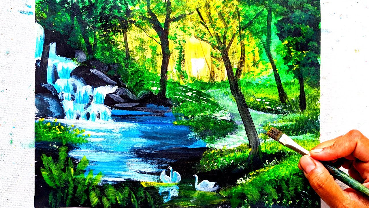 Tropical forest waterfall | Acrylic Landscape Painting for beginners