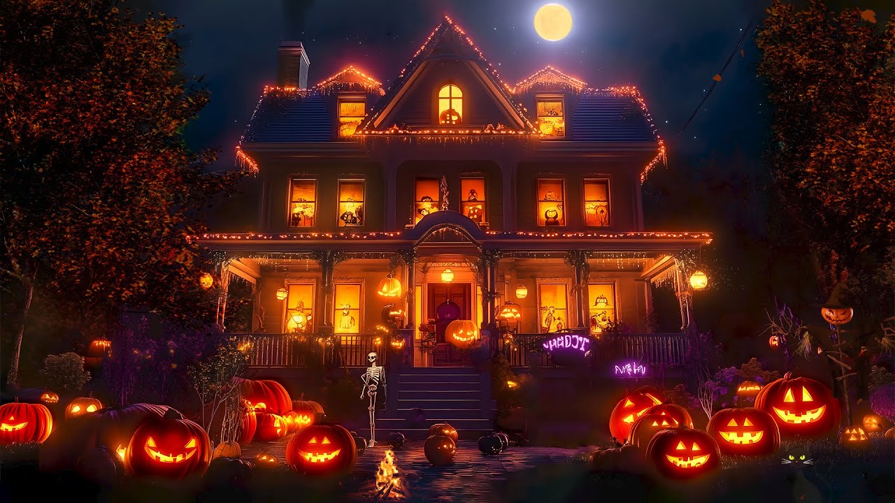 Haunted House Halloween Ambience🎃🏚️Crackling Fire Sounds, Relaxing Spooky, and Night Sounds