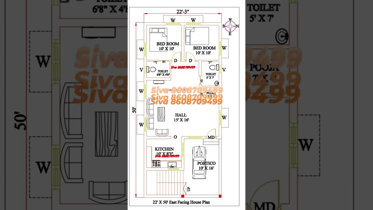 22 x 50 East facing House Plan design   