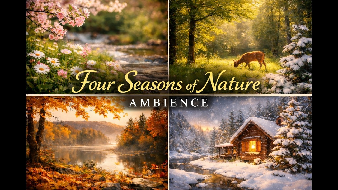 Four Seasons of Nature Ambience | 12-Minute Relaxing Seasonal Journey | Cozy Cabin Hearthside