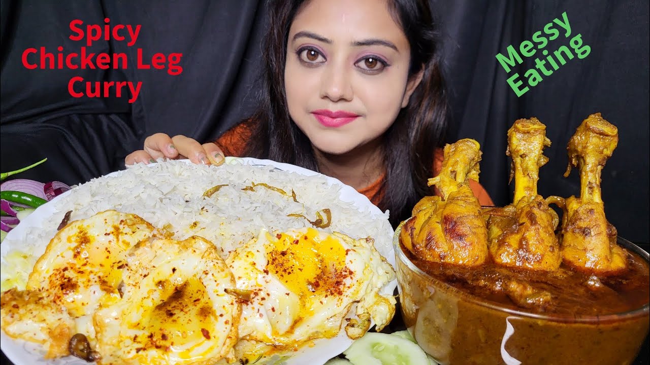 ASMR EATING SHOW- Rice, Egg Poach, Chicken leg🍗 Curry, Salad || Mukbang || Big Bites || Messy Eating