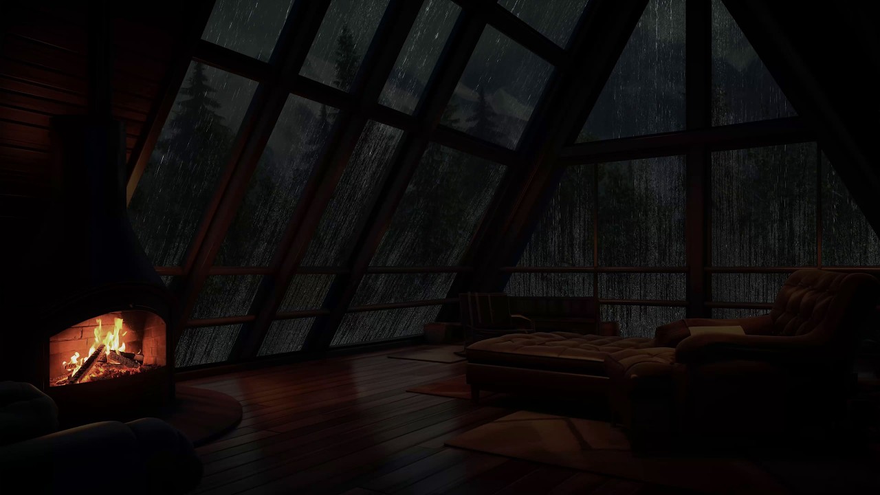Chuva suave na floresta tropical vista de um sótão acolhedor com lareira quente