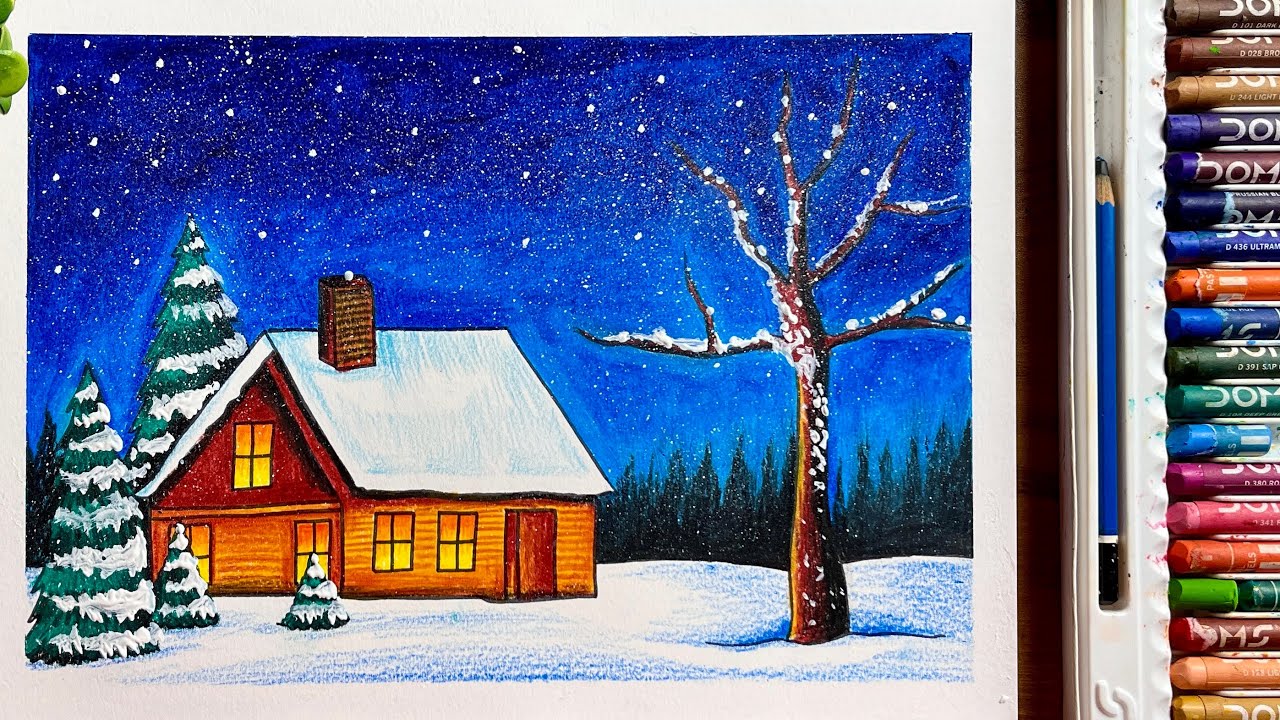 Winter Season Drawing || Winter Season Drawing Easy and Beautiful || Christmas Tree Drawing