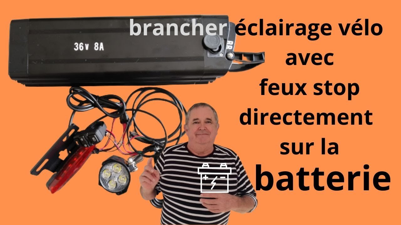 Feux avant et arrière avec stop sur vélo électrique branchés sur la batterie