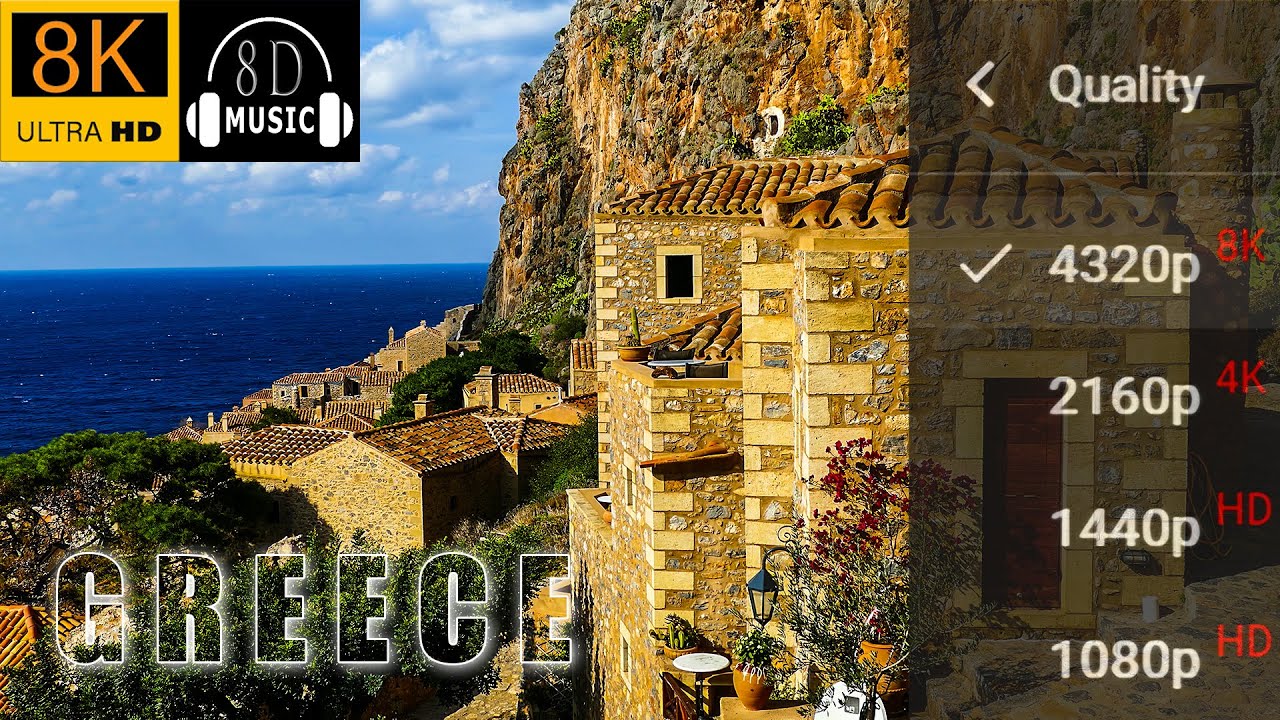GREECE in 8K Video Ultra HD with 8D Relaxing Music for 8k Tv | 8K Visual 8D Audio