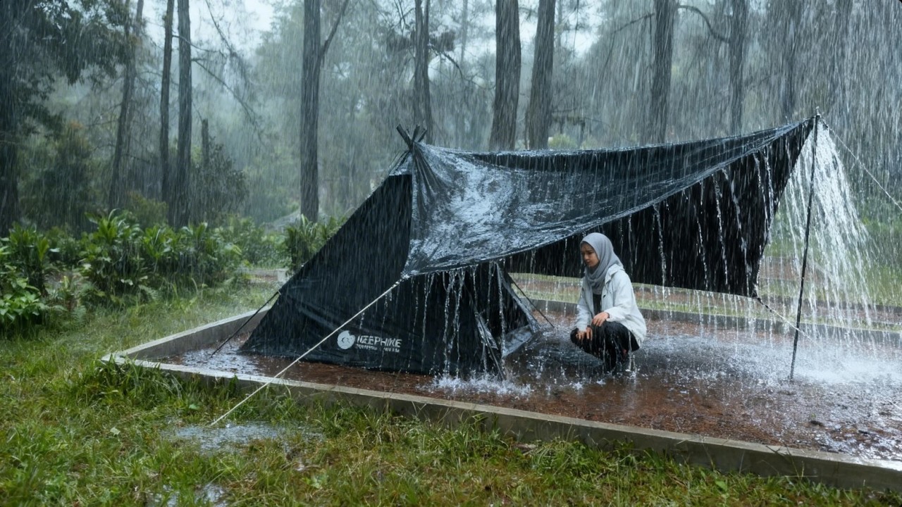 ПОТРЯСАЮЩЕ ‼️ КЕМПИНГ В ОДИНОЧКУ ПОСРЕДИ ОЧЕНЬ СИЛЬНОГО ДОЖДЯ 🌧 БОРЬБА ЗА ПОСТРОЙКУ ТРЕУГОЛЬНОЙ ПАЛА