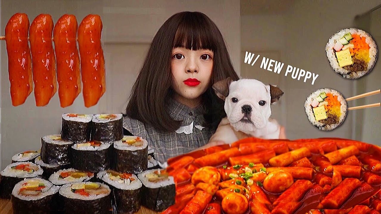 DDEOKBOKKI, KIMBAP CAKE, KIMCHI PANCAKE KOREAN STEET FOOD (🐶puppy reveal!!) MUKBANG 떡볶이 김밥 케이크 파티 먹방