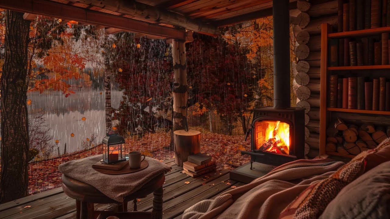 Golden Autumn Rain on Balcony | Cozy Fireplace and Gentle Thunder for Deep Sleep and Stress Relief