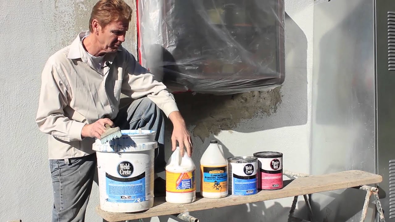 Stucco bonding agents Quikrete Weld-Crete by Larson’s, Sackrete sold everywhere just as good
