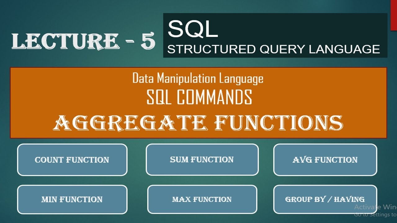 SQL Structured Query Language DML AGGREGATE FUNCTIONS (COUNT, SUM, MIN, MAX, AVG, GROUP BY, HAVING)