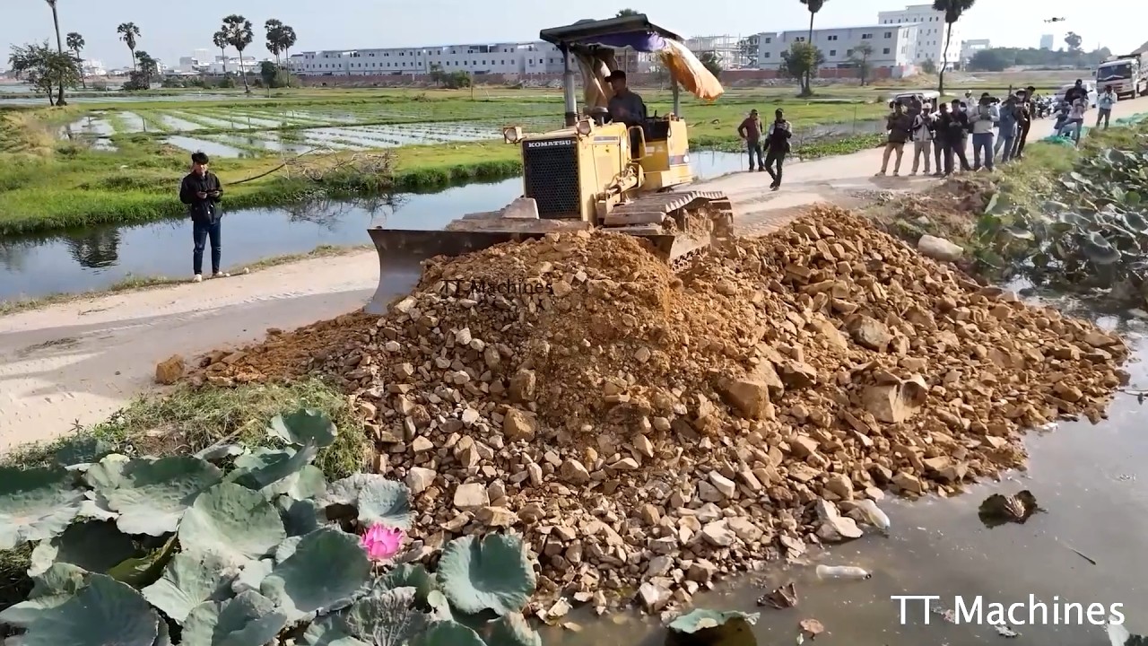 So Nicely Driver Expert Hard Work Filling Huge Land By Dozer Push Stone Into Water & Dump Trucks