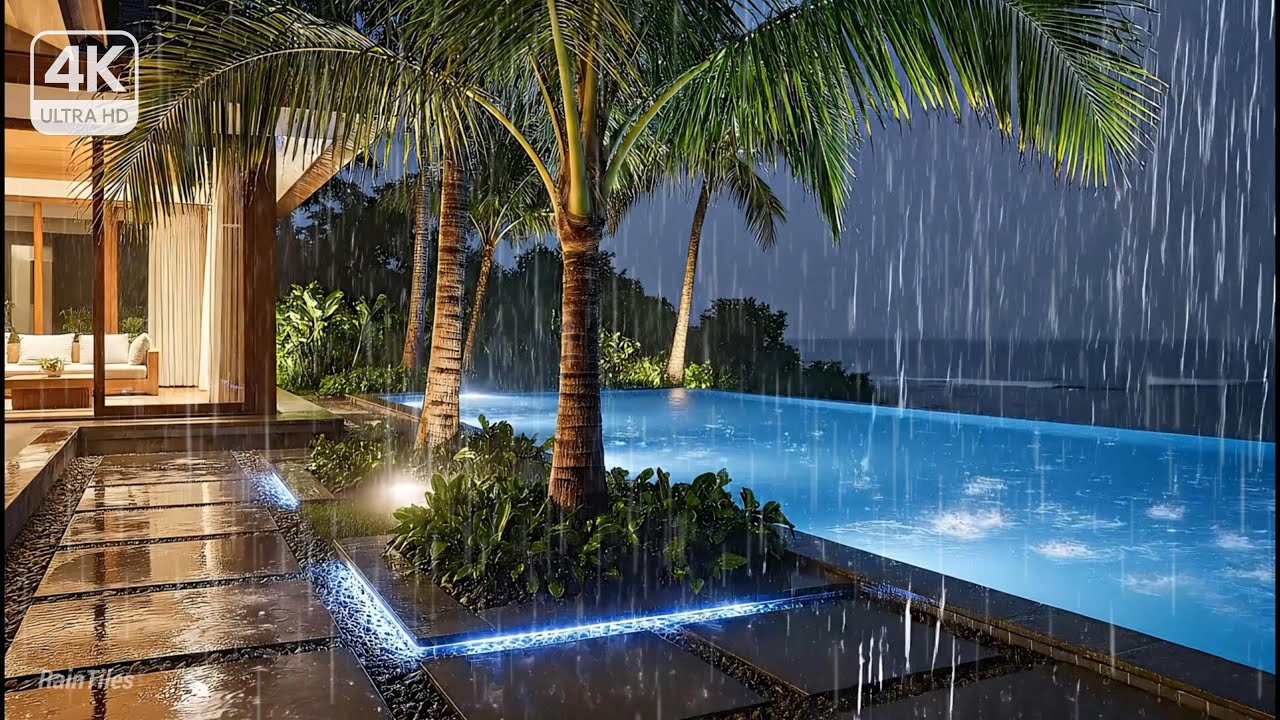 Lluvia Tropical Frente al Mar (4K) | Piscina Infinita + Sonido de Lluvia Nocturna para Dormir (3 h)