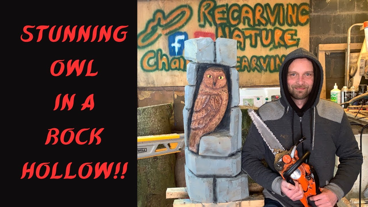 Chainsaw Carving an Amazing Owl in a Rock Hollow