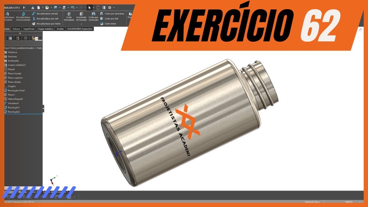 SOLIDWORKS PARA INICIANTES EXERCÍCIO #62 - GARRAFA DE AULA