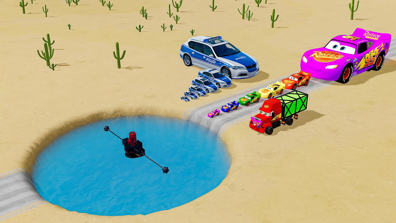 Big & Small McQueen & Police Car vs Zombie Mack, Giant Water Pit & Spinner – BeamNG.drive