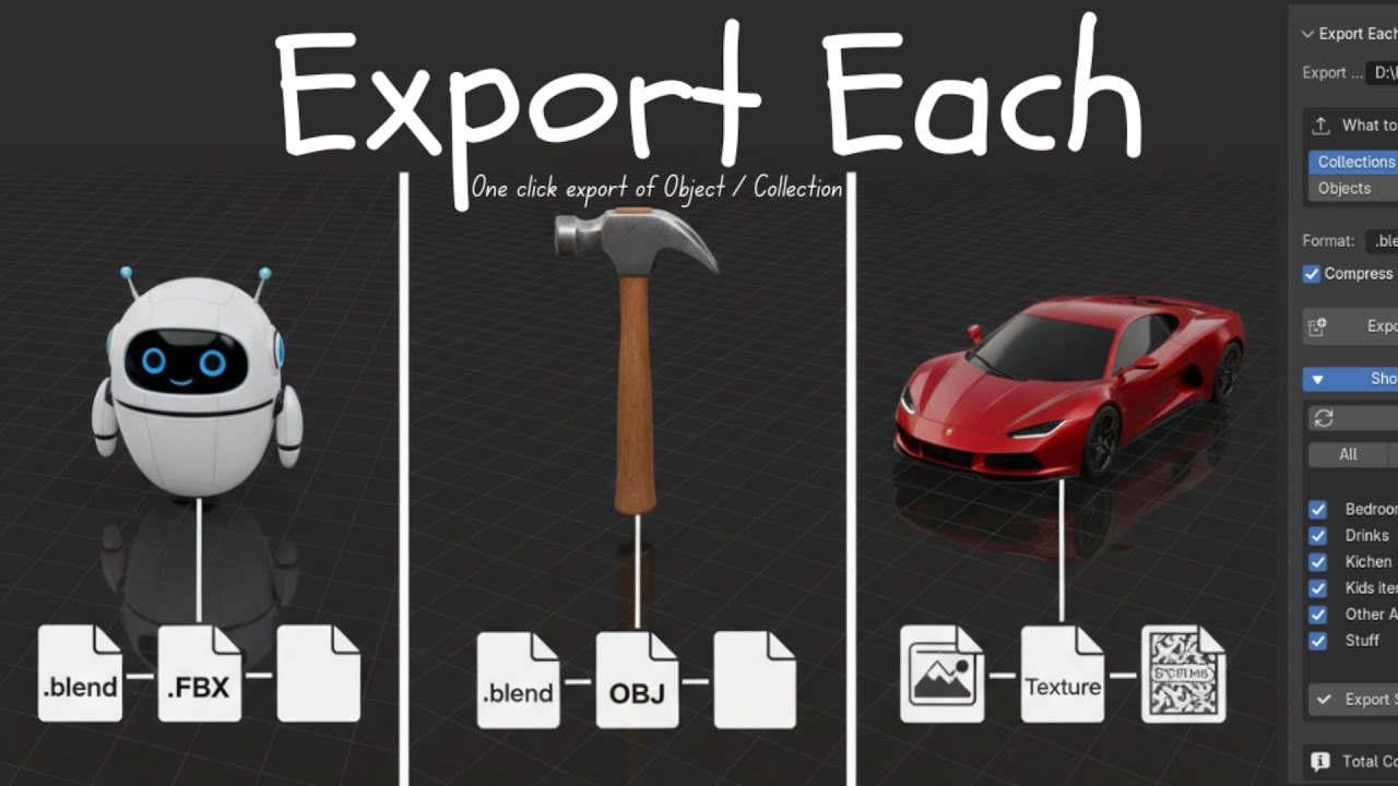 Export Collections and Objects individually in Blender