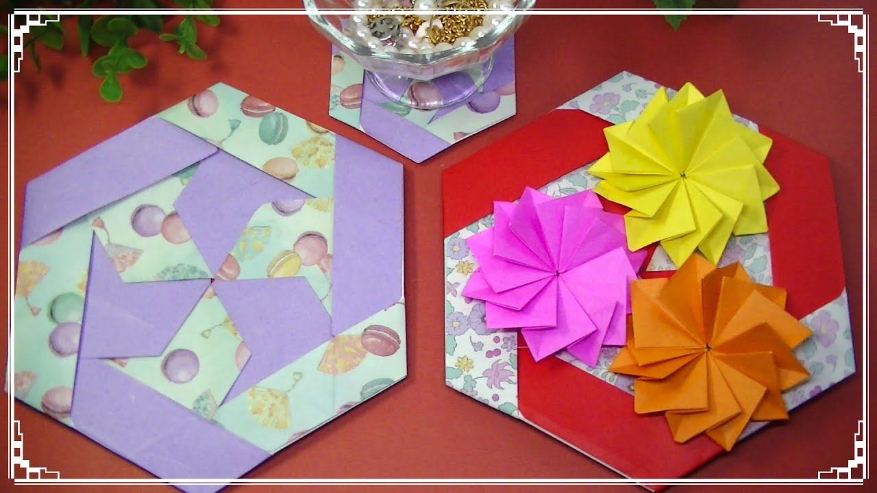 折り紙でコースターや額フレーム・鍋敷き・お皿・６枚と糊を使います・Origami・Mr coin origami channel１５