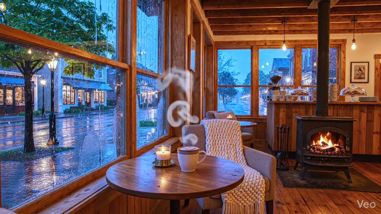 Relaxing Jazz Piano by the Fireplace | Rainy Cozy Room Sounds 🌧️🔥