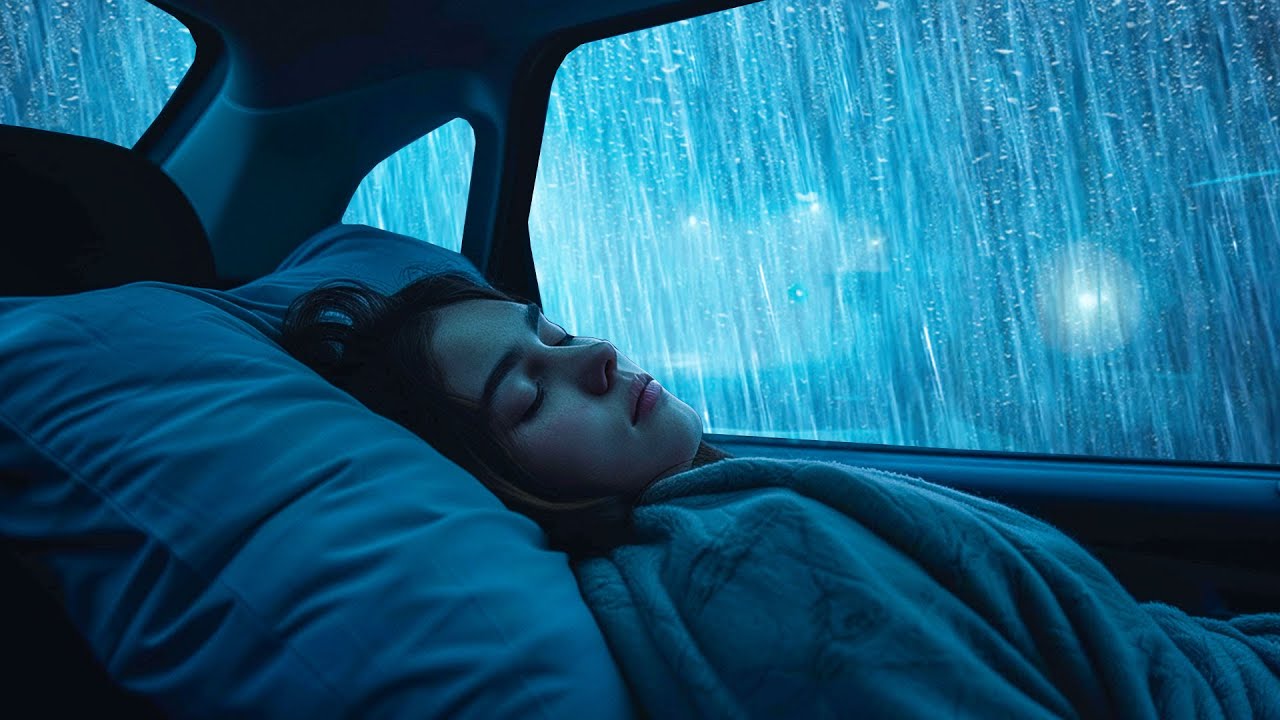 Overcome Stress to Sleep with Heavy Rain & Thunder Growls on Car in Storm at Night
