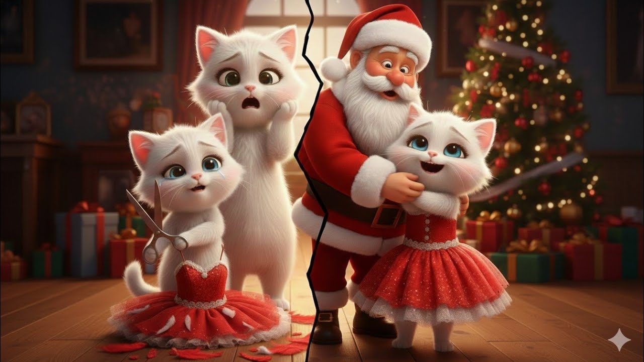 Little kitty 🐱 cut her mom’s Christmas dress 👗😣but Santa 🎅 helped fix it 🎄❤️‍🩹😭#cats #story 