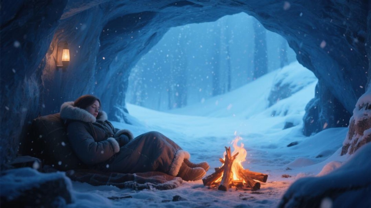 Winter Sleep Calm Night Snowy Air and Cozy Fireplace Glow Deep Cozy Relaxation
