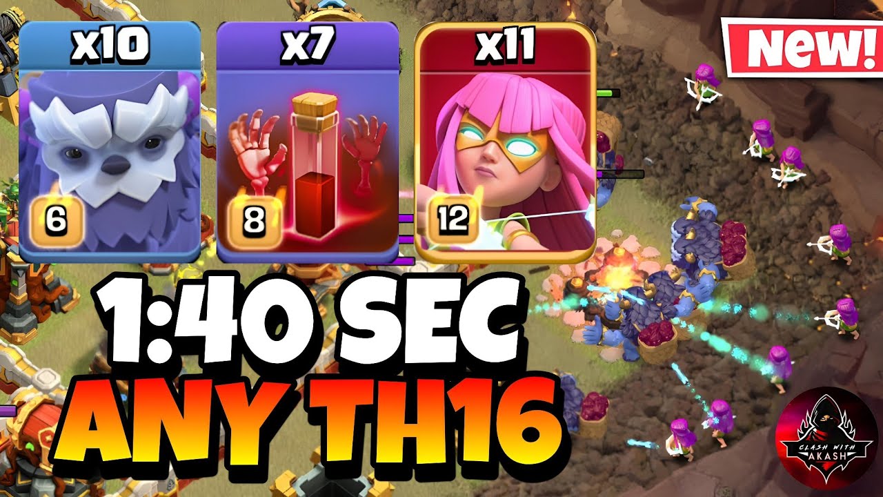 Th16 Yeti Super Archer Attack With 7 Skeleton Spell | Best Th16 Attack Strategy in Clash of Clans