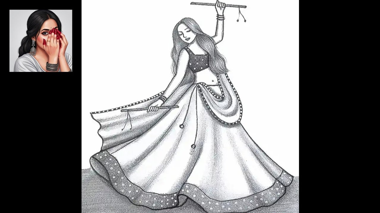 How to draw Traditional Girl Playing Dandiya || Pencil sketch for beginner || Girl drawing || Sketch