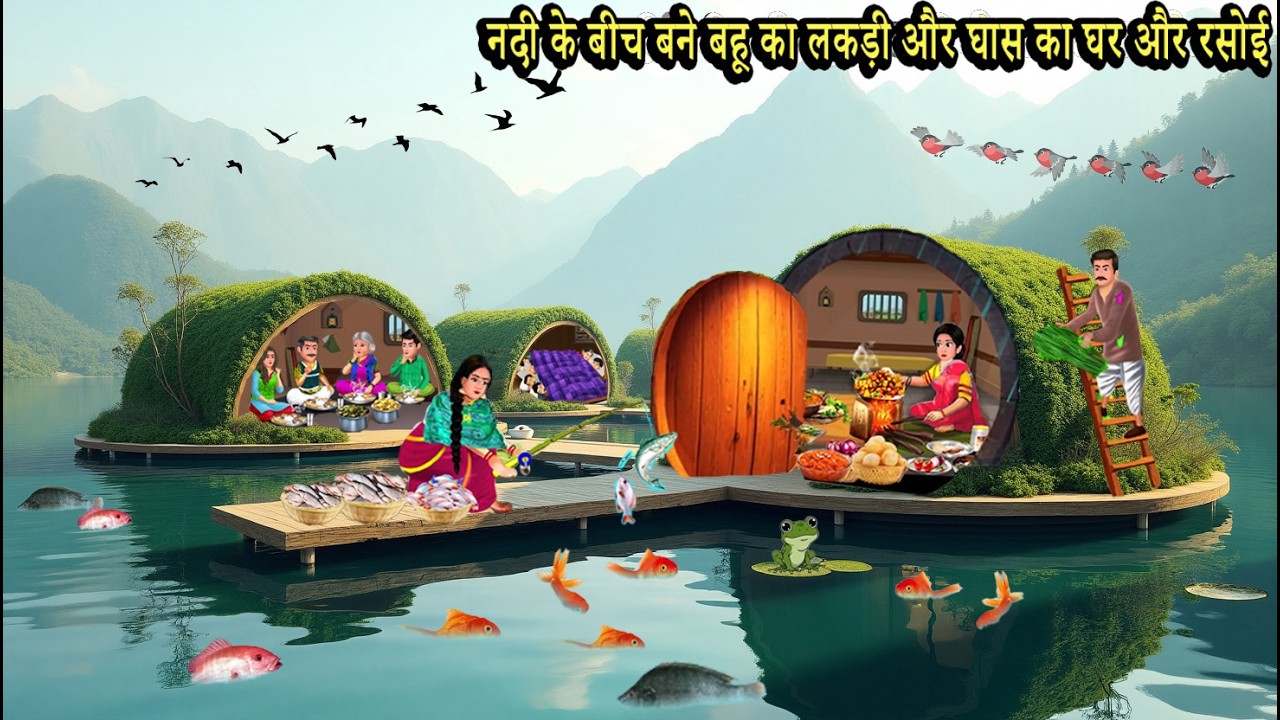 नदी के बीच बने बहू का लकड़ी और घास का घर और रसोई | Wooden Grass House In River | Kahani 