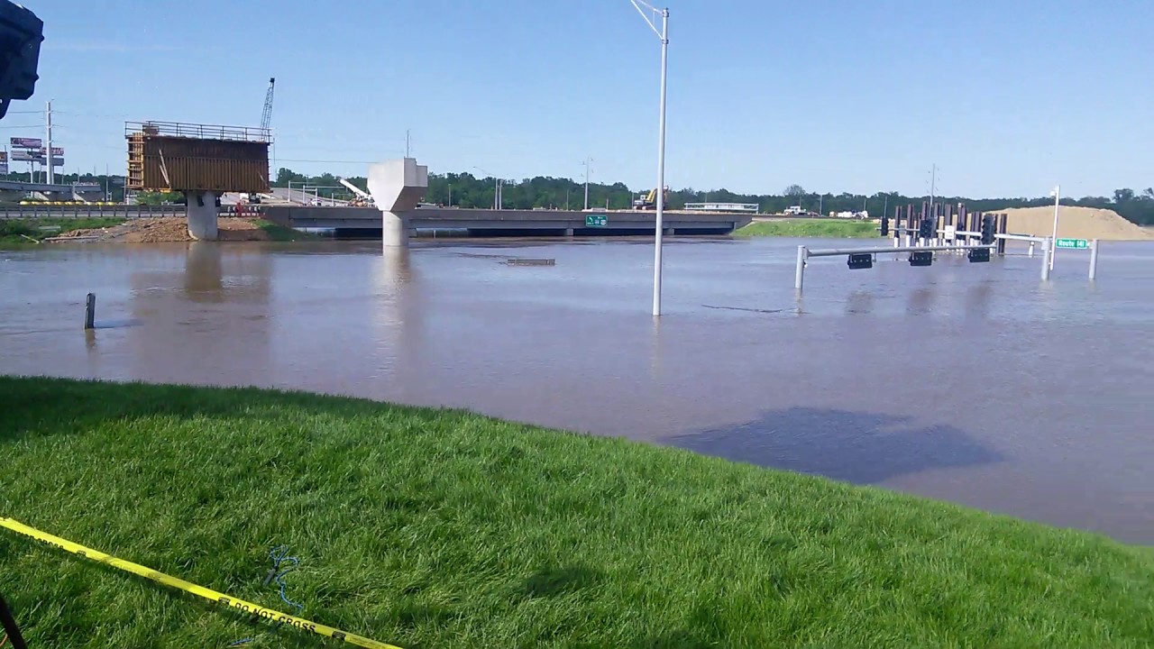 Water almost reaching Interstate 44 as it goes over Highway 141