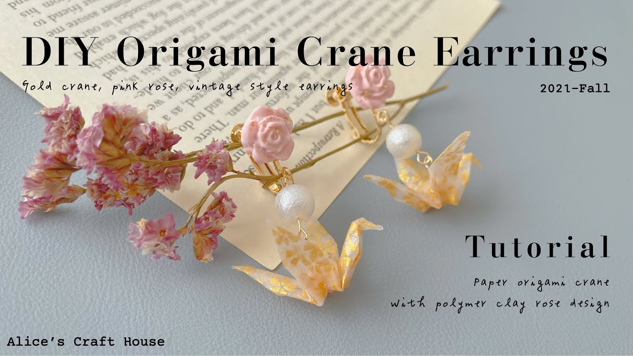 DIY Origami Crane Earrings | Polymer clay rose with paper crane #diy #tutorial #handmade #origami