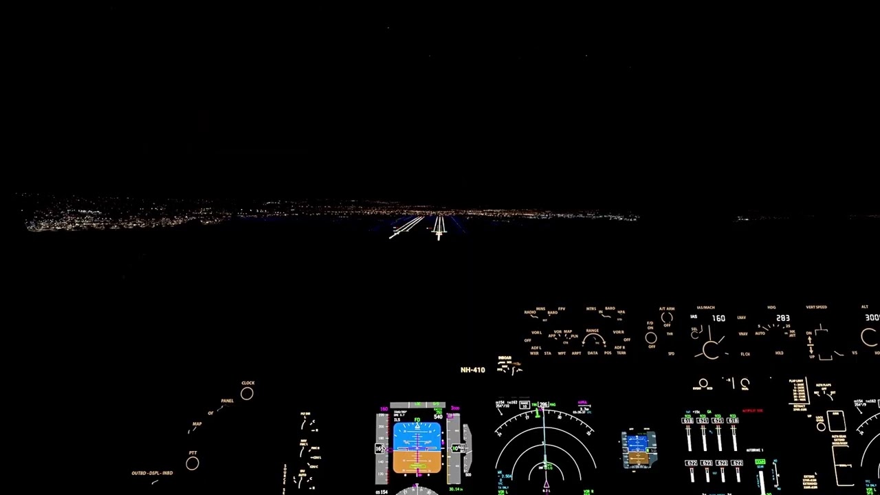 Korean air Boeing 747-800 landing in San Francisco at night 