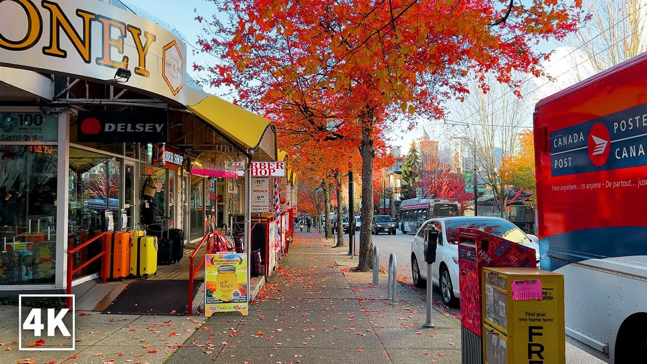 【4K】Vancouver Autumn Walk| Robson Street from BC Place to Stanley Park Canada (Binaural City Sounds)